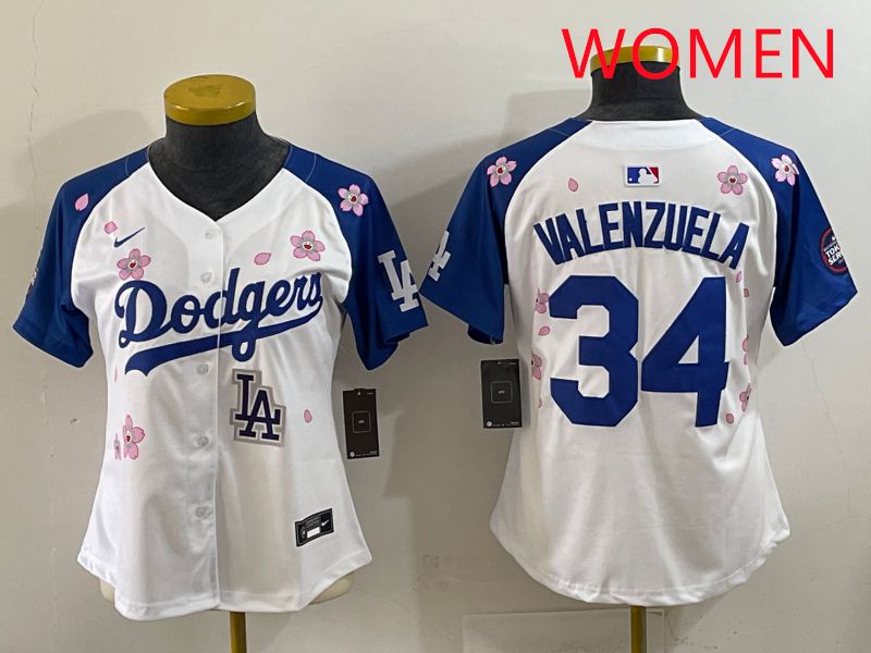 Women Los Angeles Dodgers 34 Valenzuela White Blue Sakura Edition 2025 Nike MLB Jersey style 39